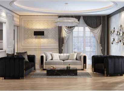 Modern Sofa Set 2x Three-Seater + Armchair Upholstered Furniture Stainless Steel Furniture 3-piece